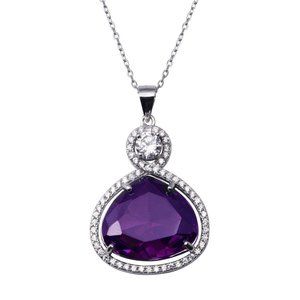 Sterling Silver 925 Rhodium Plated Wide Teardrop Amethyst and CZ Neclace